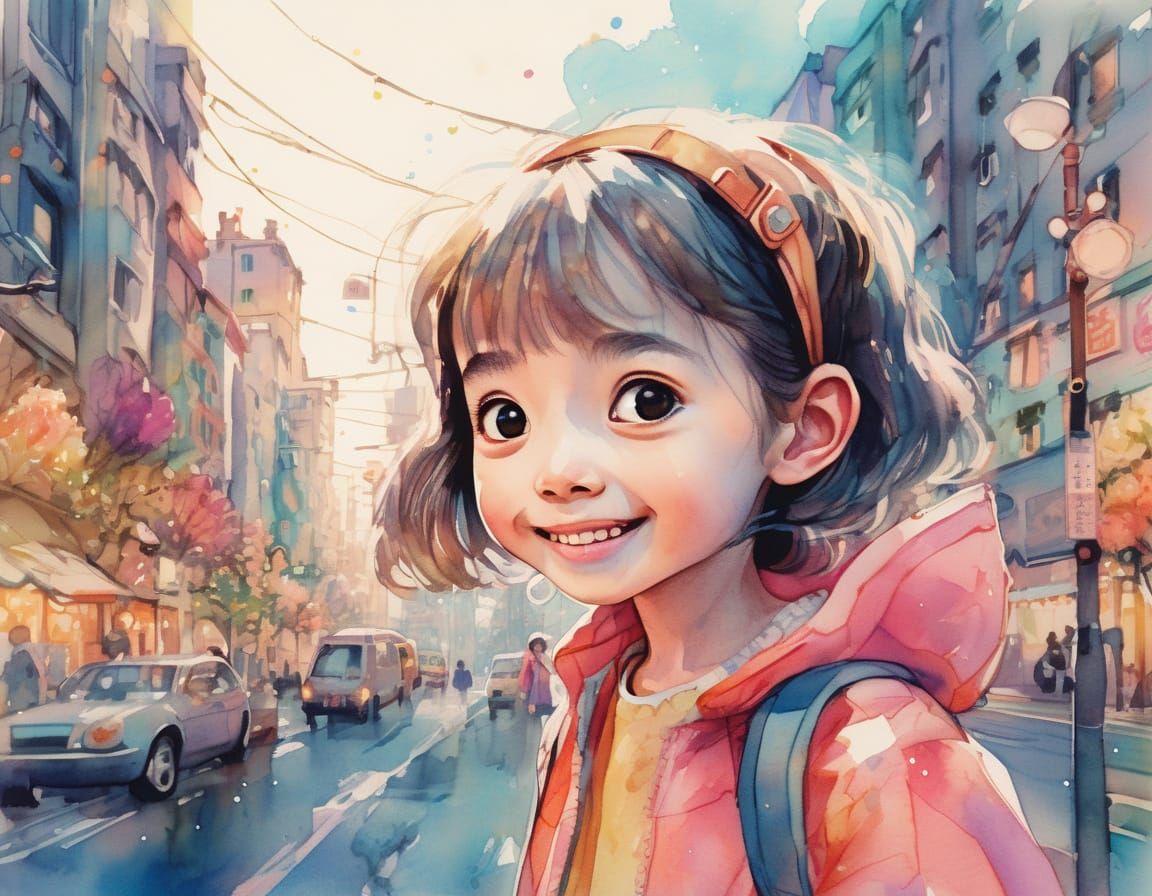 Whimsical Kidcore Girl in Watercolor Cityscape