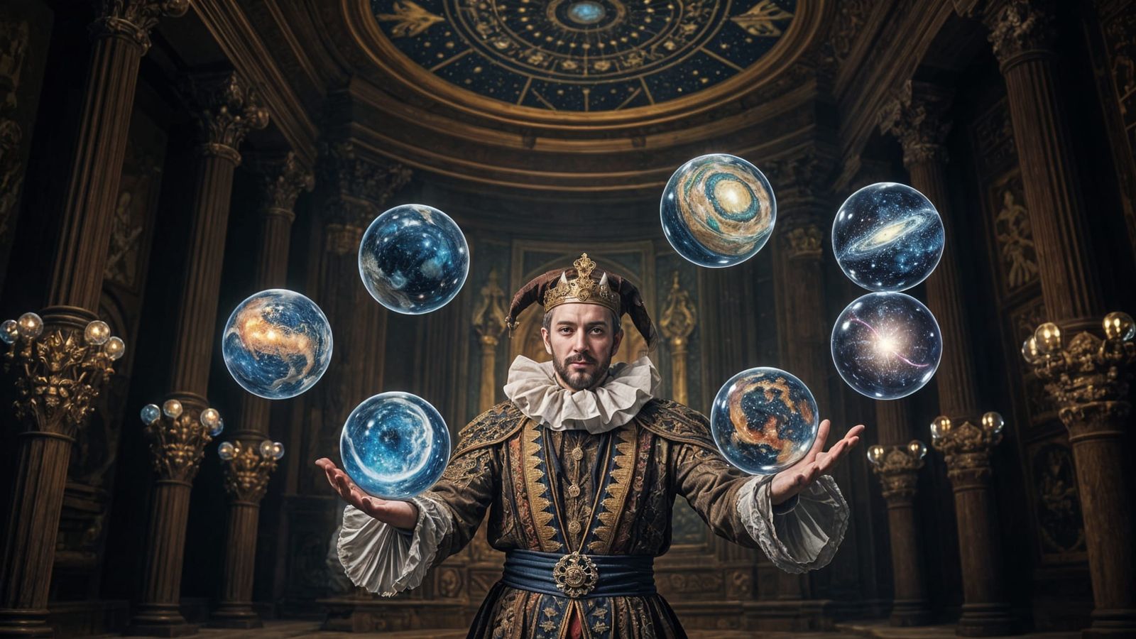 Medieval Jester Juggles Celestial Bodies in Grand Style
