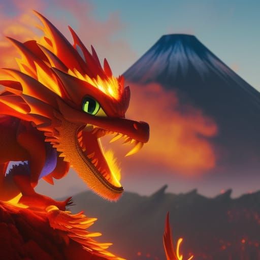Cute Fire Dragon over Volcano in 3D Style