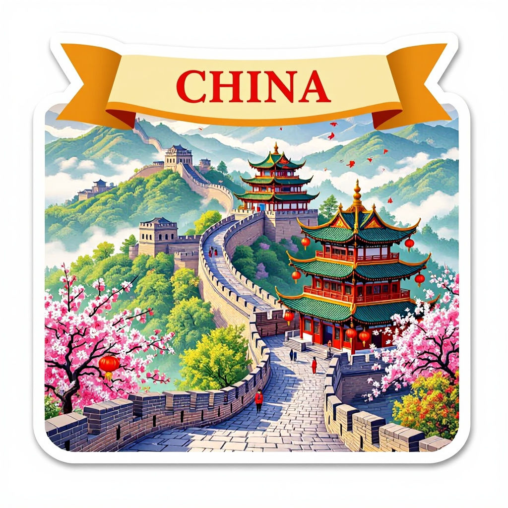 Vibrant Travel Sticker of China with Great Wall
