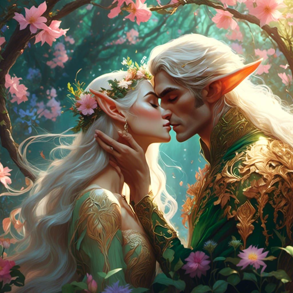 <lora:Elf Style:1.0> Female elf kissing a male human #🧝🏼‍♀️​ #💋 #🧔‍♂️