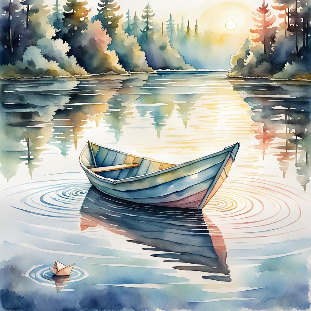 Paper Boat on Calm Water as Watercolor Painting