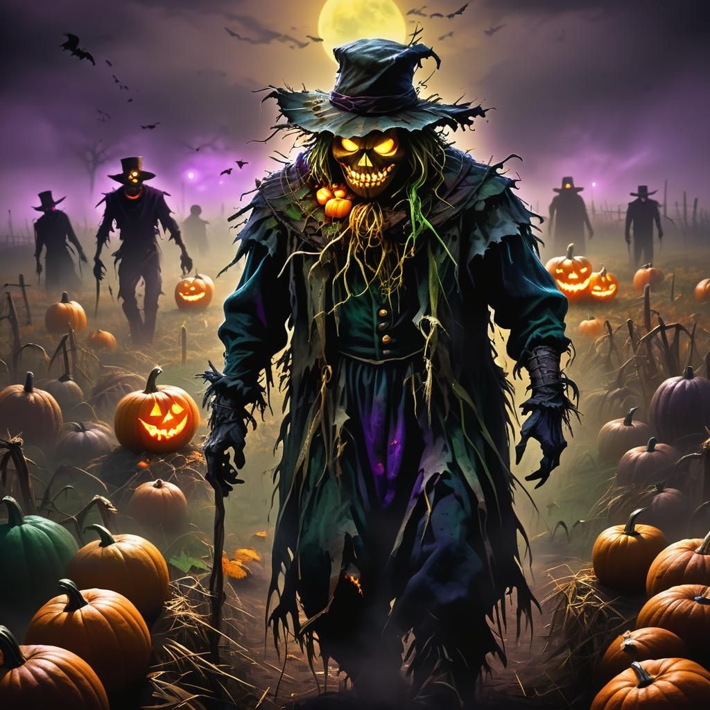 Terrifying Scarecrow Zombie in Dark Fantasy Landscape