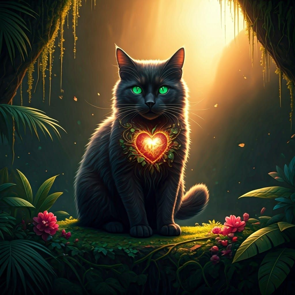 Translucent Black Cat with Glowing Heart in Ethereal Style