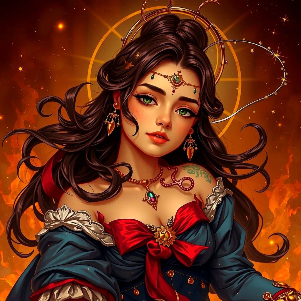 Divine Femininity Ascends in Regal Teal, Red, and Gold