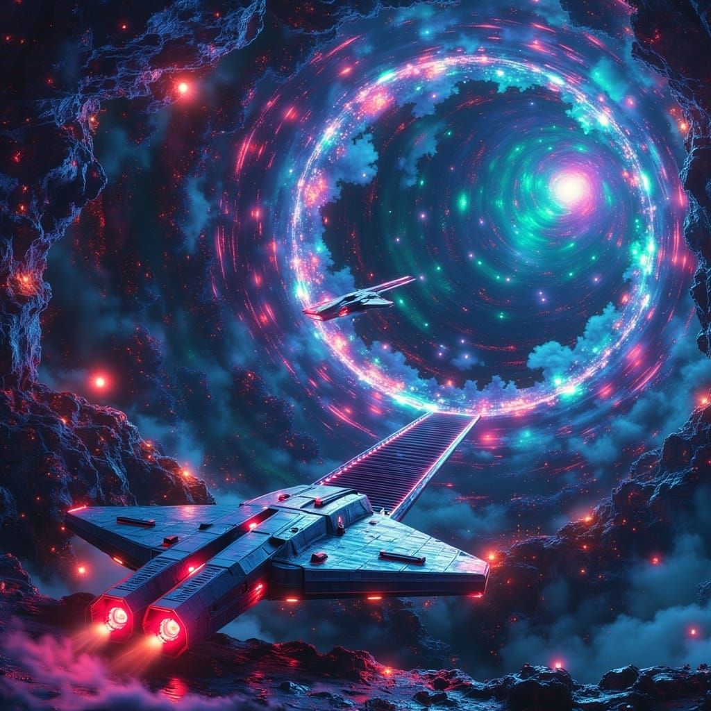 Cyberpunk Spacecraft Approaches Neon-Lit Space Station in Or...