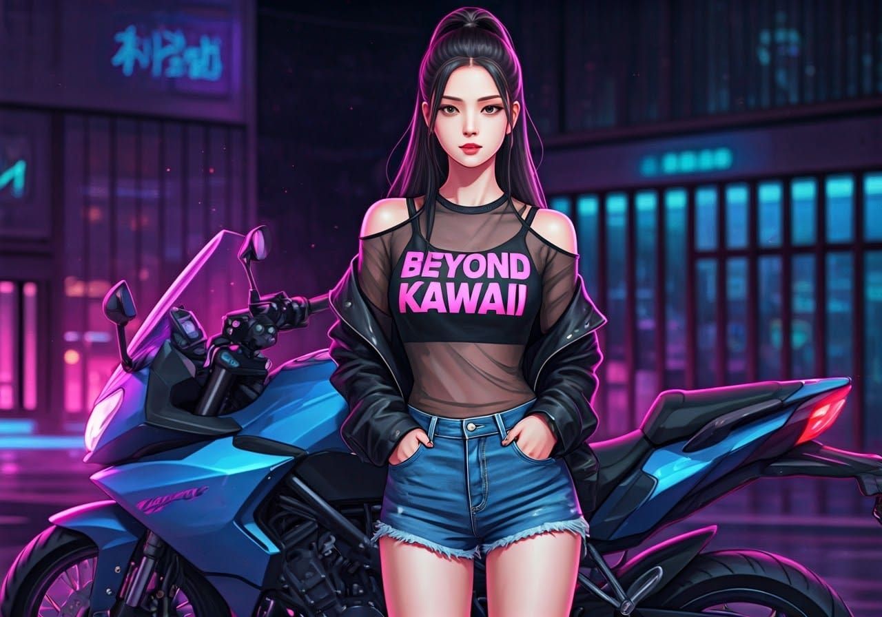 Anime Woman with Motorcycle in Neon Shounen Style