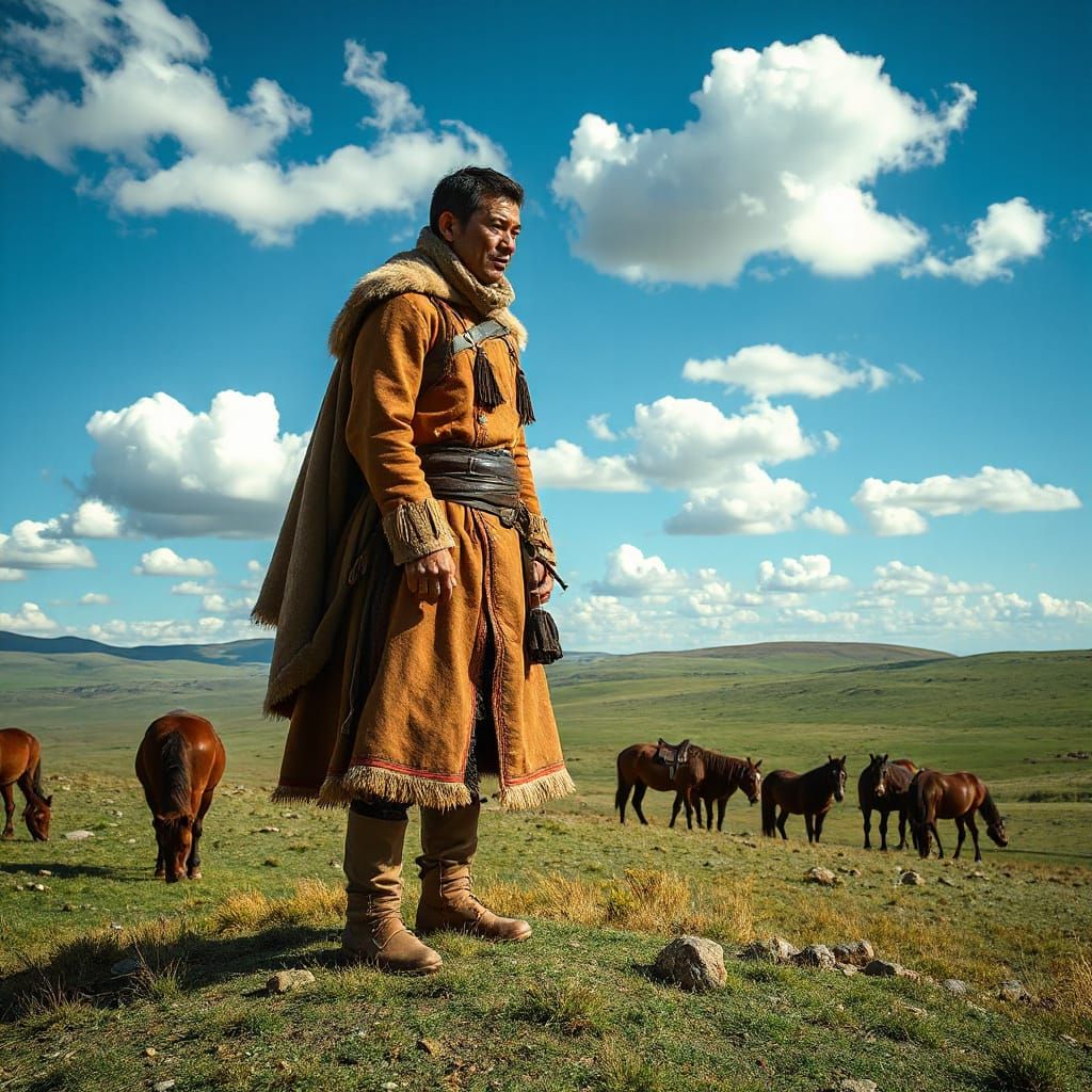 Mongol Nomad Grazes Horses in Vast Steppe Landscape