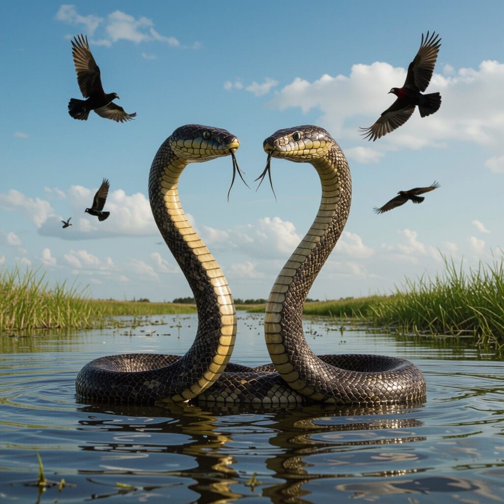 Two-Headed Serpent Woman in Swamp Landscape