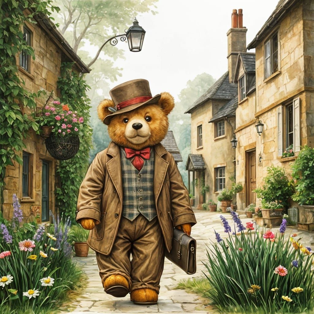 Elderly Teddy Bear Stroll in English Village