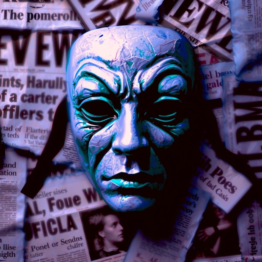 Haunting Drama Mask in Torn Newspaper Collage