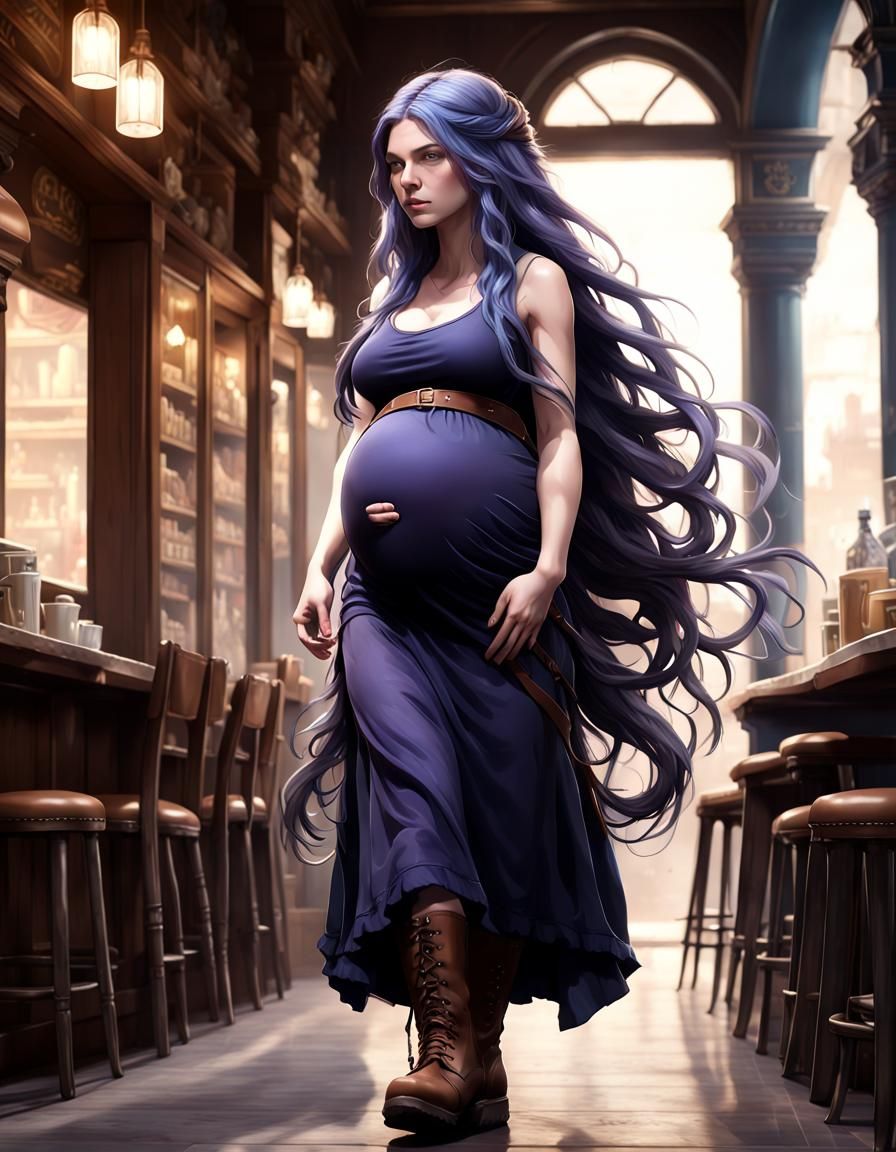 Pregnant Woman in Café: Dark Fantasy Concept Art
