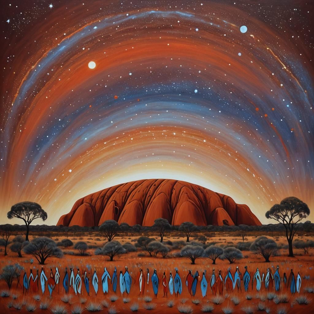 Uluru and Sky Spirits in Dreamtime Art Style