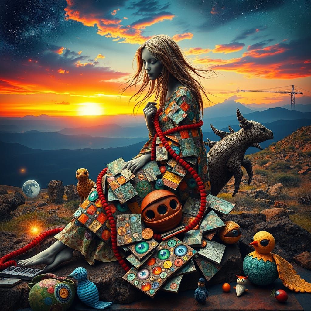 Mystical Figure Embodied in Vibrant Surreal Collage