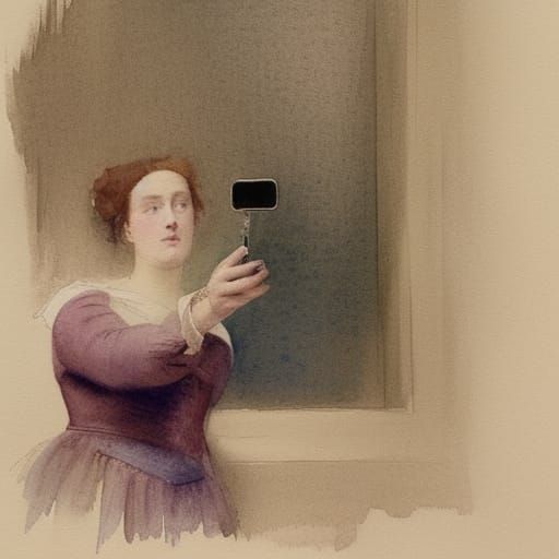 Woman Taking Selfie in Watercolor Style