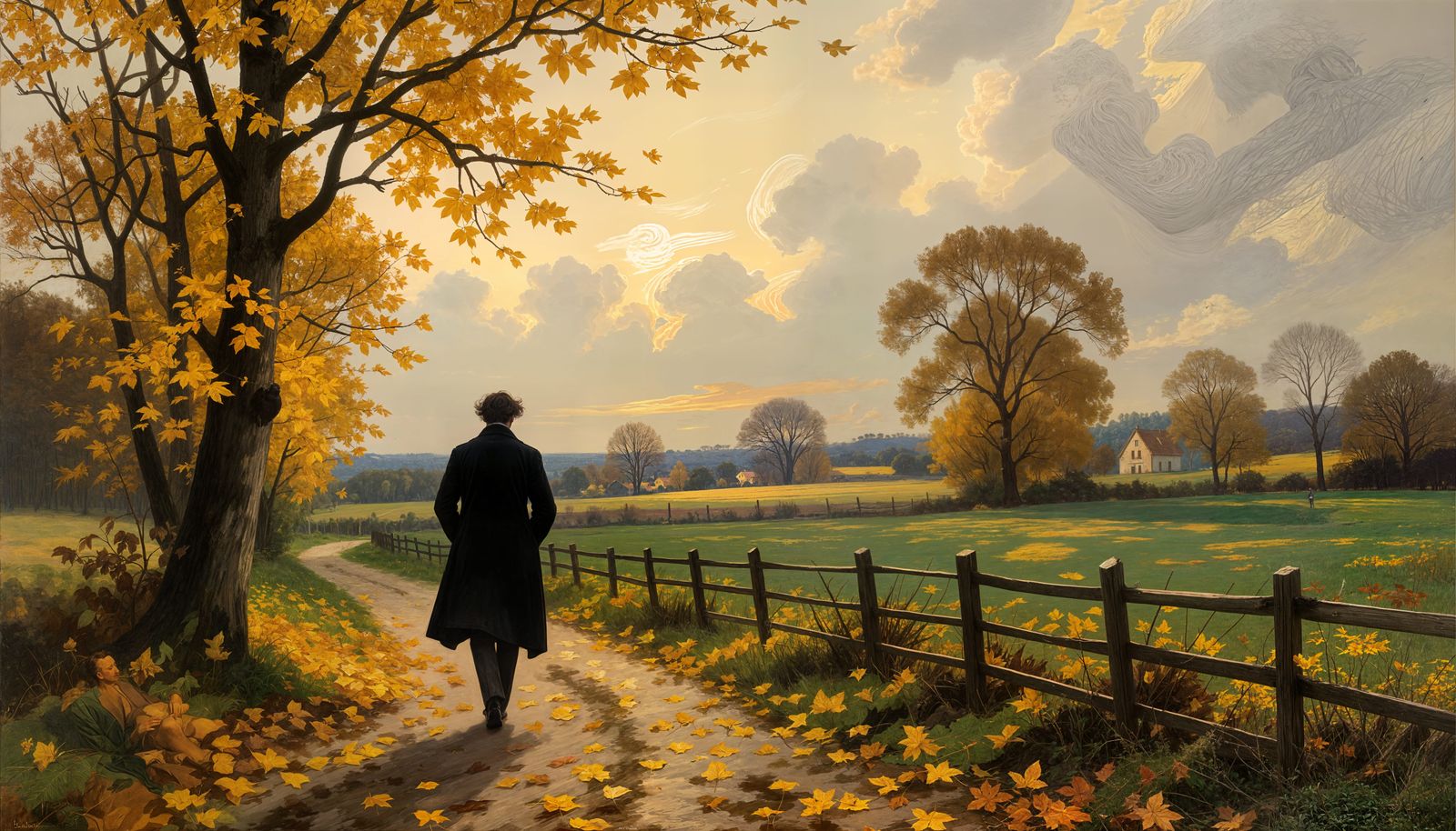 Autumn Landscape Painting with Solitary Man in Wind