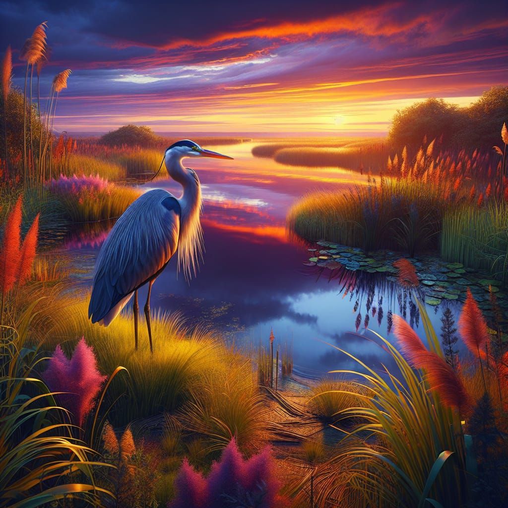 Majestic Heron in Marshland at Sunset: Hyperrealistic