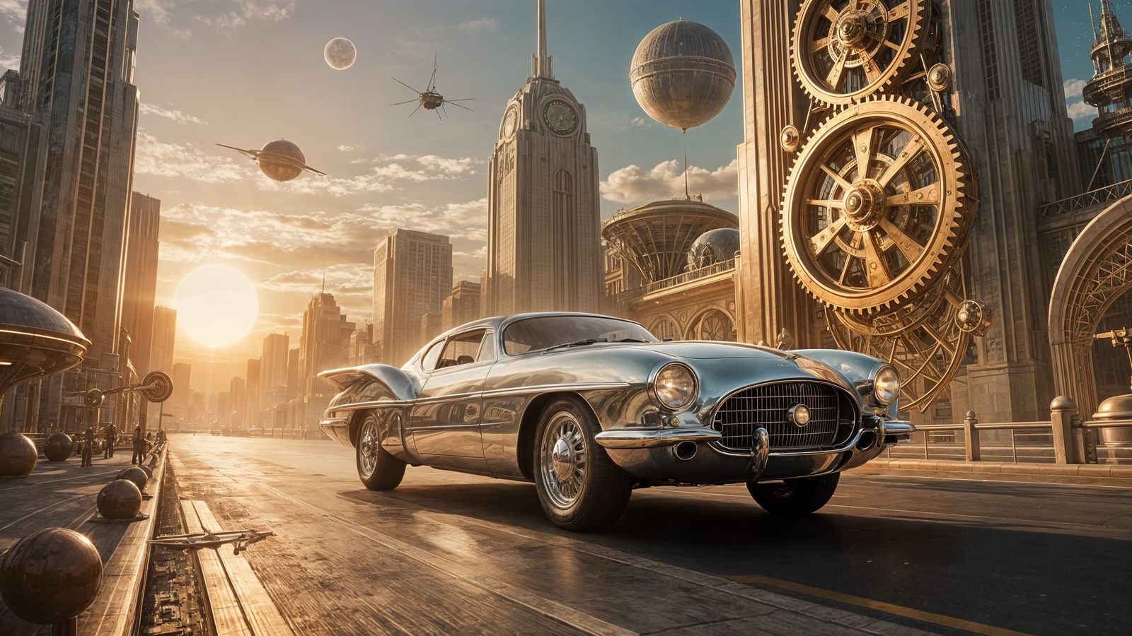 Art Deco Flying Car in Retro-Futuristic Cityscape