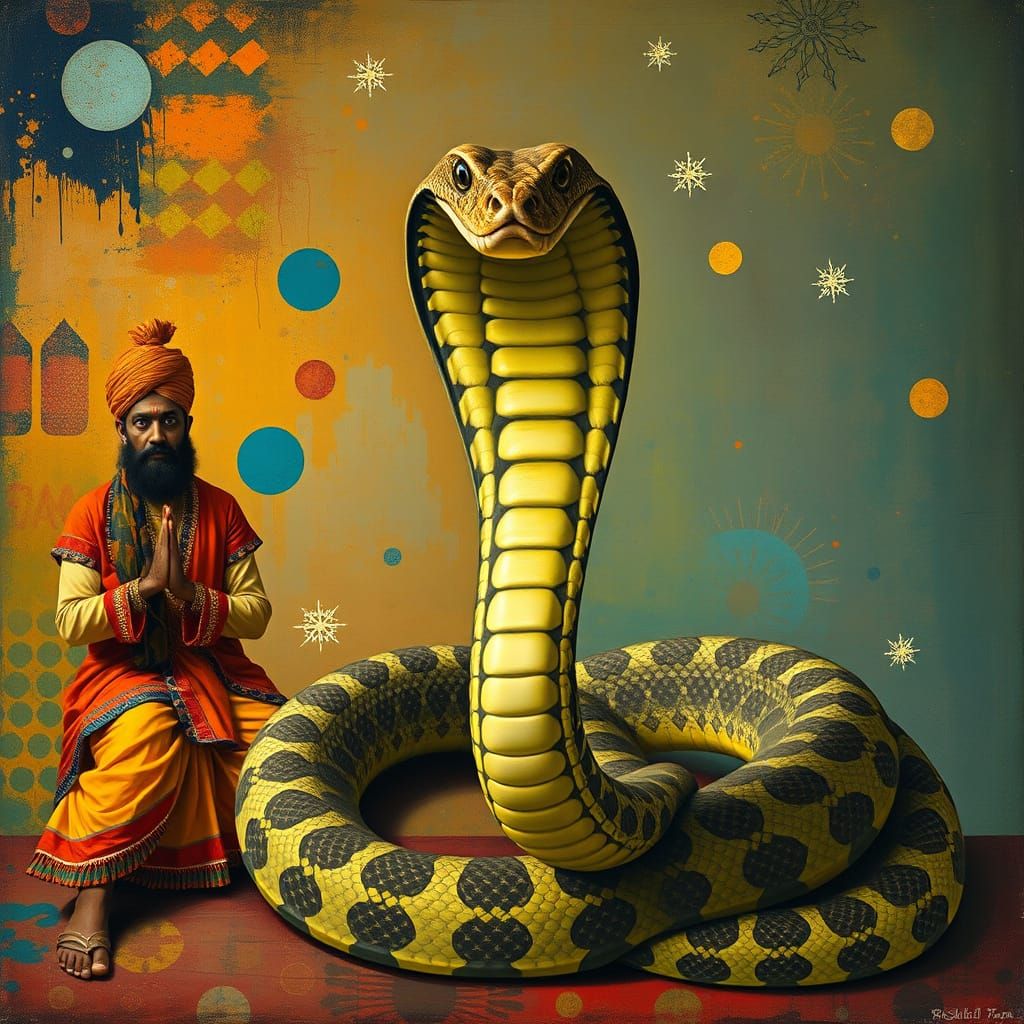 Cobra and Snake Charmer in Surrealist Style