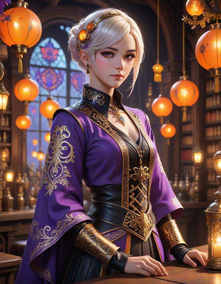 Mystical Tavern Keeper in Vibrant, Iridescent Attire