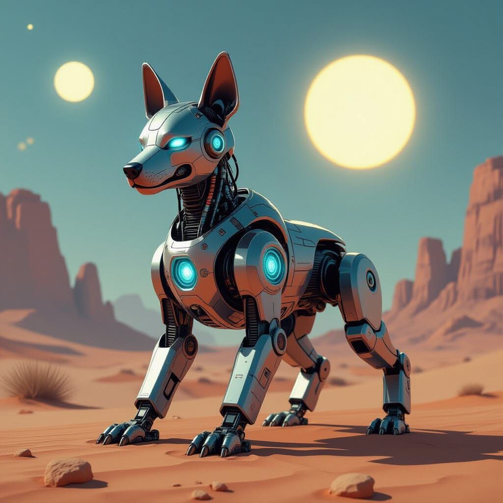 Metallic Robo Dog on Desert Planet in Retro-Futuristic Style