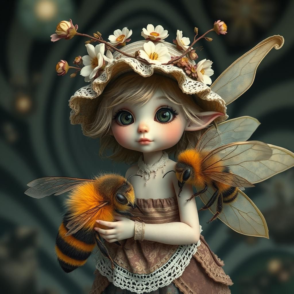 Whimsical Fairy and Bee in Surreal Dreamscape