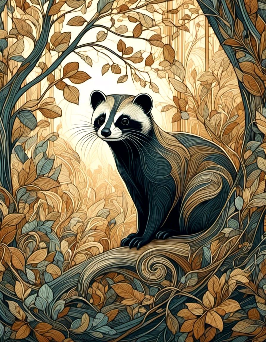 Polecat in Forest, Art Deco Nouveau Illustration