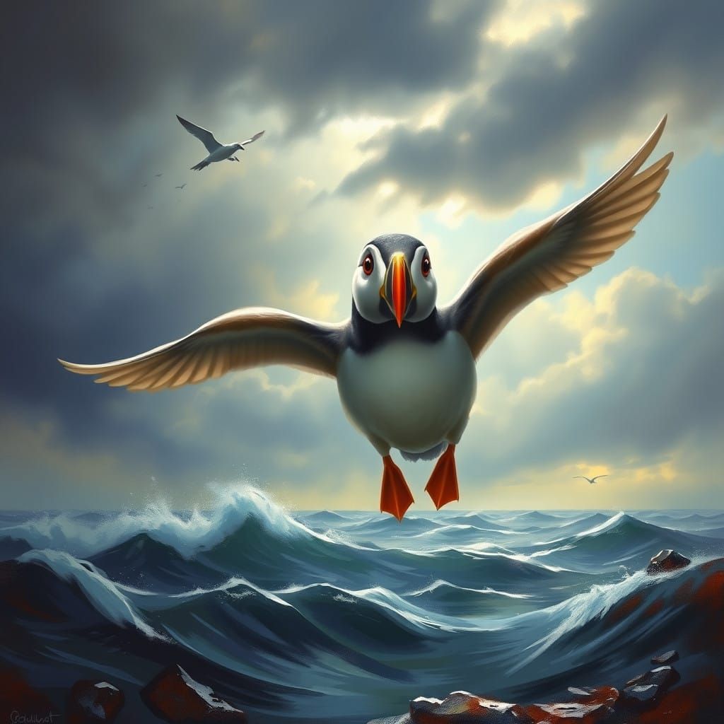 Majestic Puffin in Flight Above Turbulent Sea