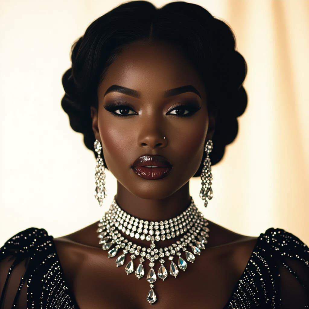 Elegant Ebony Woman with Crystal Jewelry, Cinematic Style