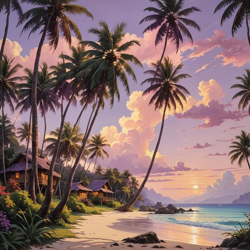 Tropical Island Painting in Soft, Dreamy Style