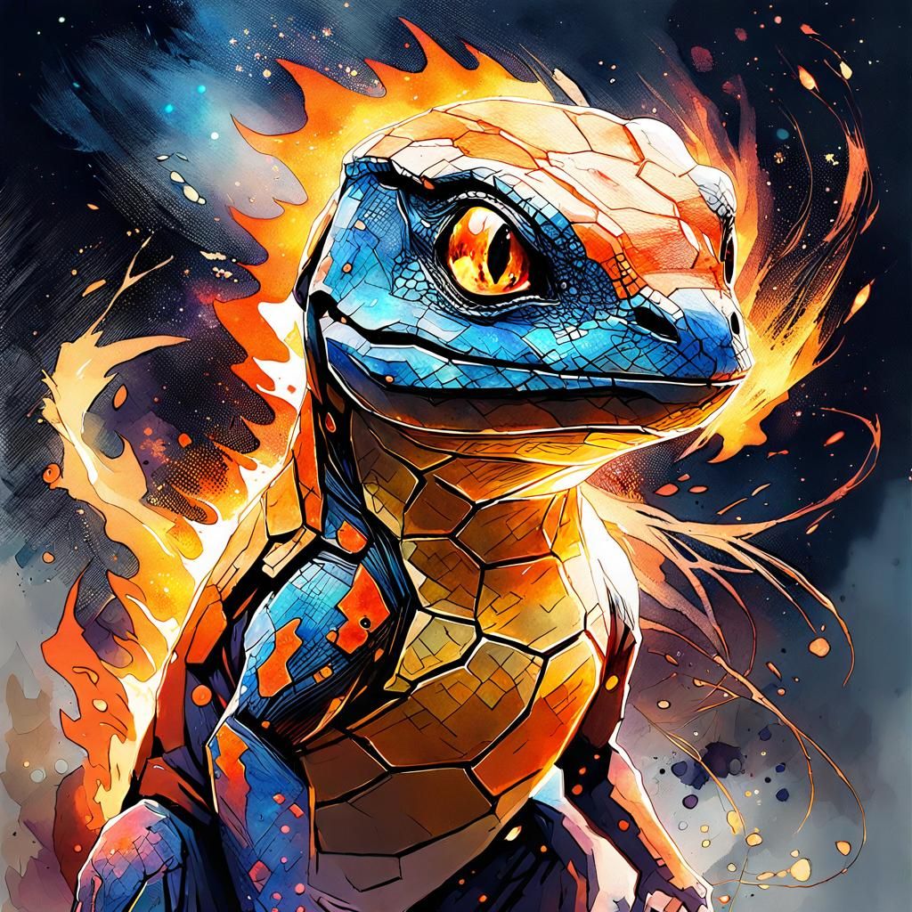 Watercolor Charmander in a Cosmos Fantasyscape