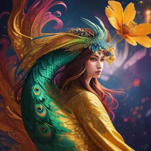 Peacock Woman Portrait in Abstract Expressionist Style