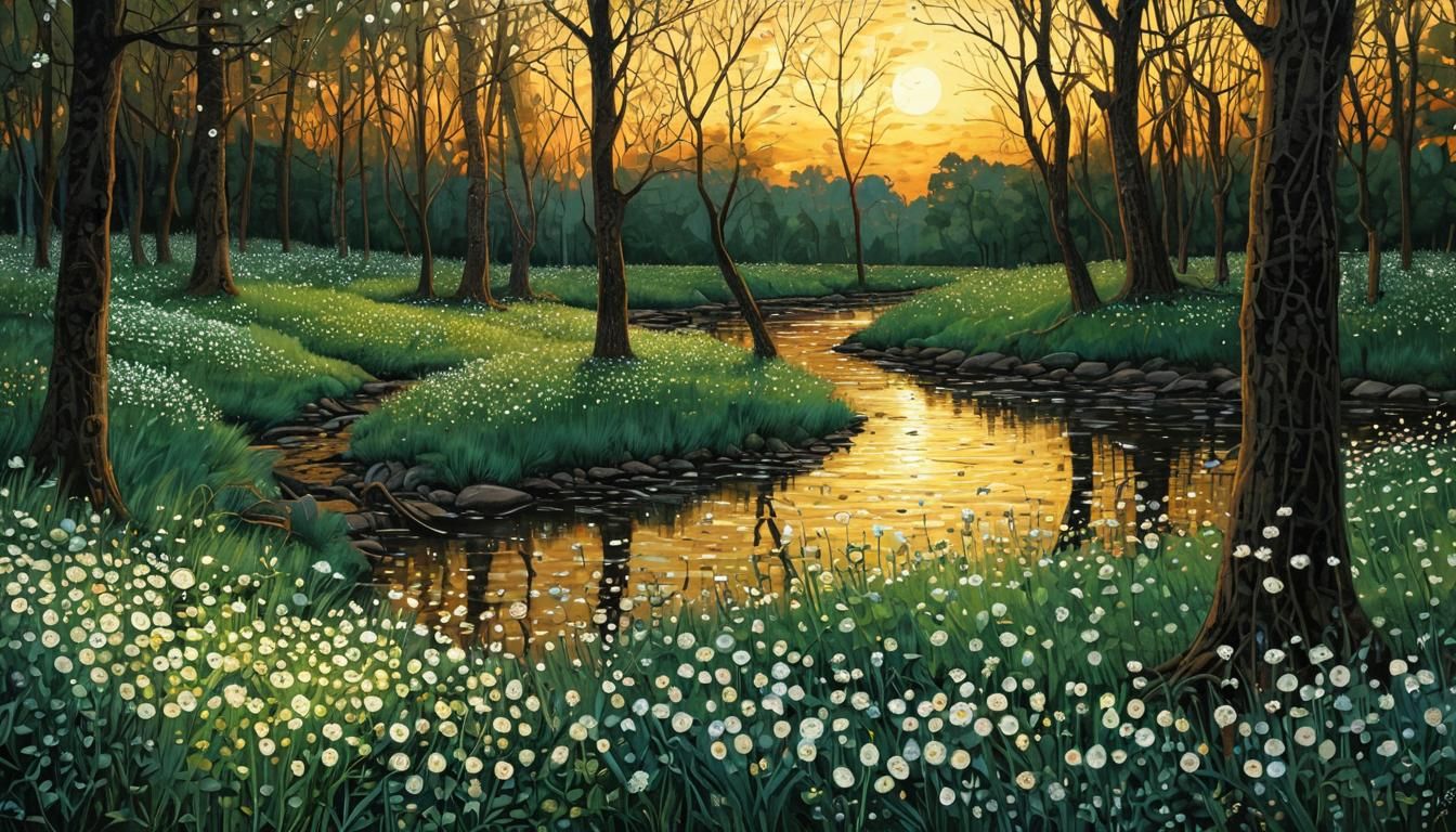 Blossoming Spring Evening Along a Serene Stream in Watercolo...