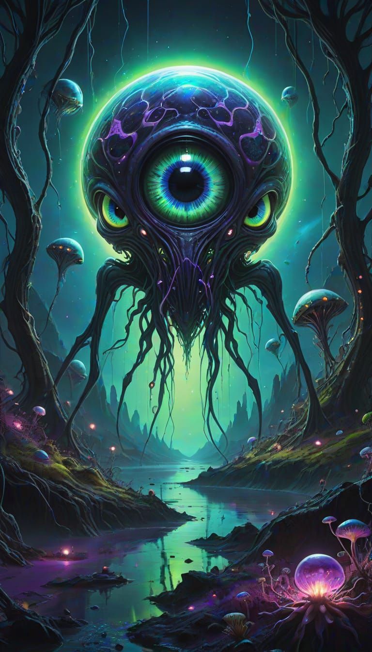 Surreal Alien Landscape with Ethereal Eyes