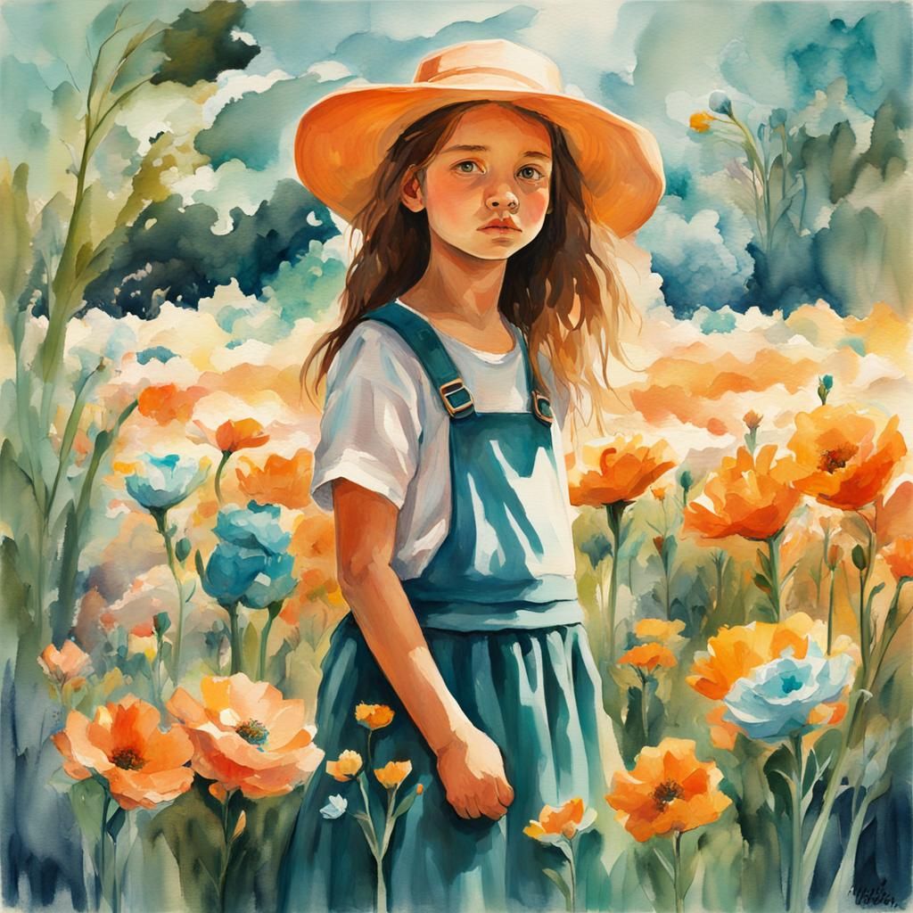 Girl with Flowers: Gouache Watercolor Impressionist Painting