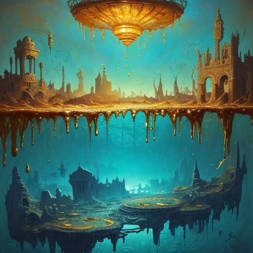 Underwater Cityscape in Teacup, Surreal Oil Painting
