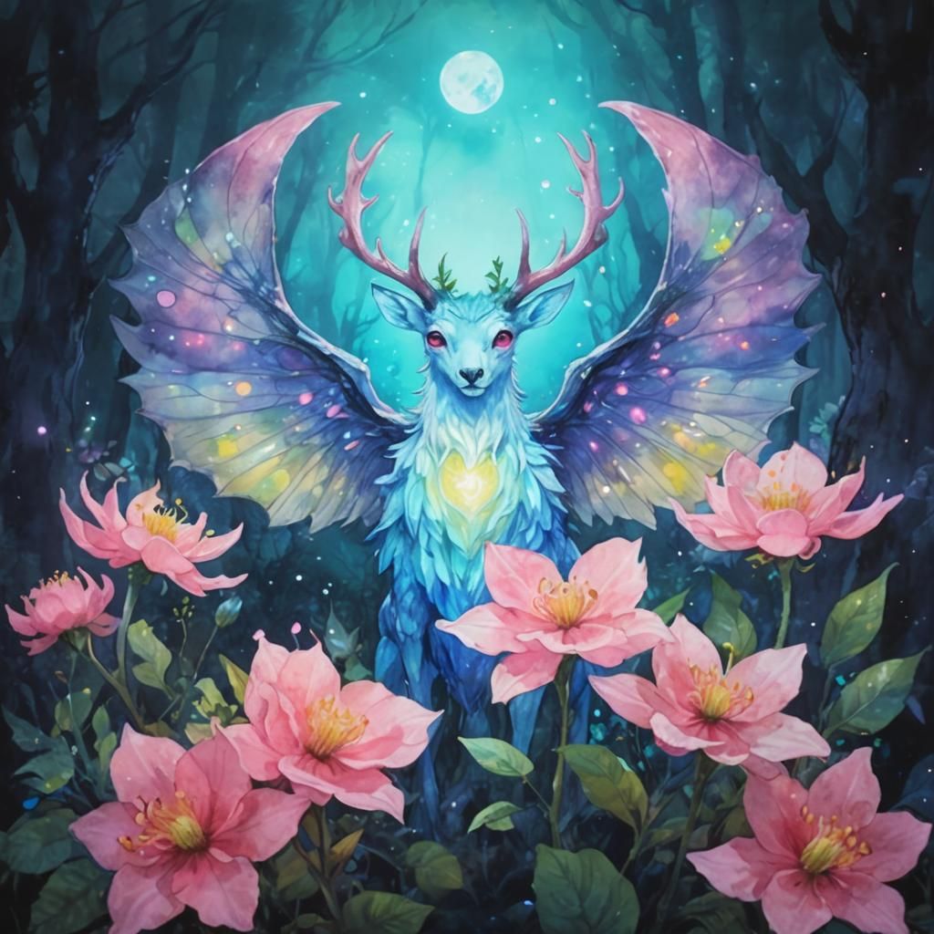 Demonic Creature in Bioluminescent Forest: Watercolor Fantas...