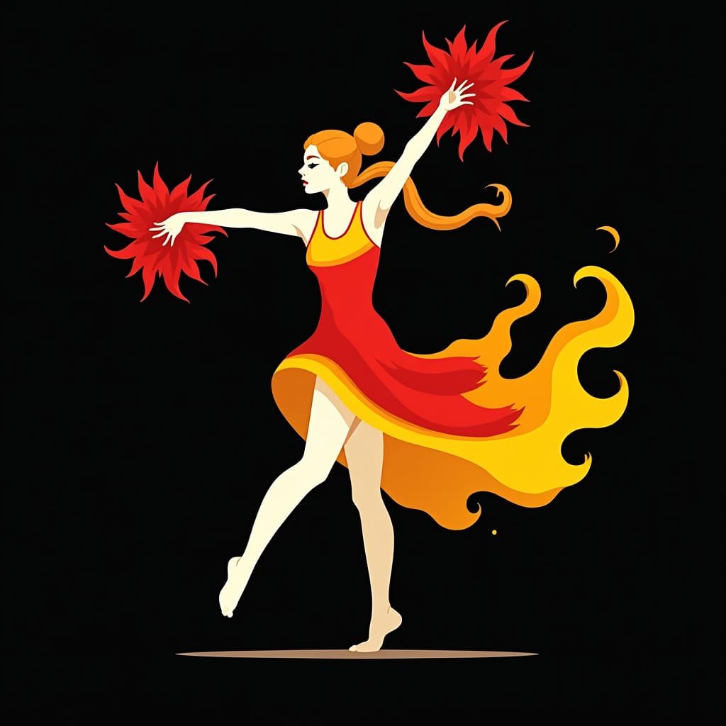 Minimalist drawing of a cheerleader dancing and dress in mot...