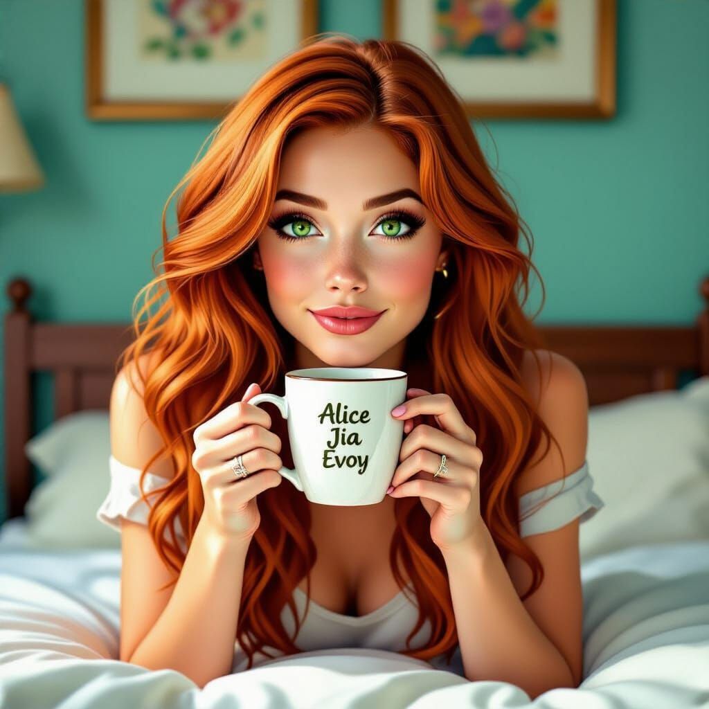 Redhead with Coffee, Hyperrealistic Digital Art
