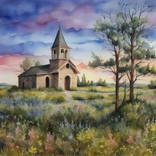 Watercolor Church at Sunset with Cypress Trees