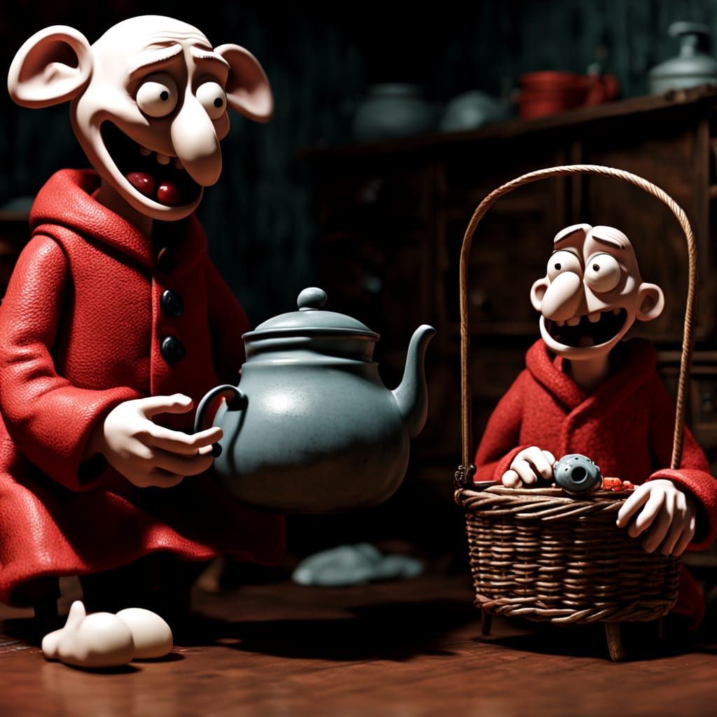 Terrified Teapot in Claymation Style with Red Eyes