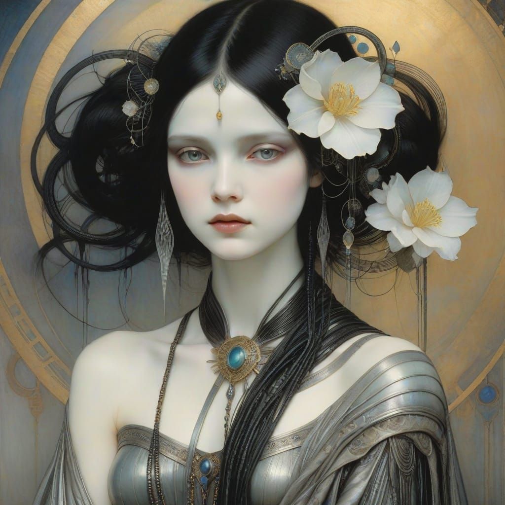 Whimsical Celestial Scene in Art Nouveau Style