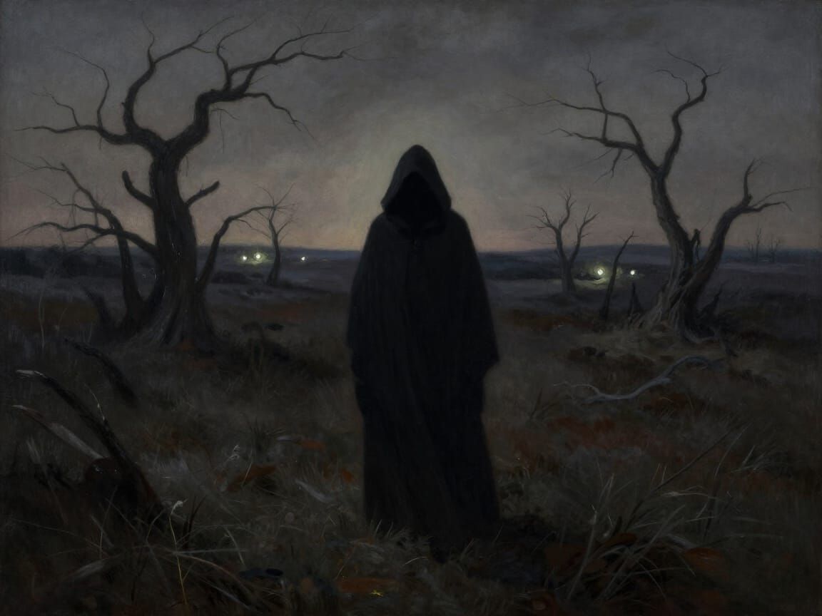 Shadowed Figure on Windswept Moor in Dark Fantasy Style