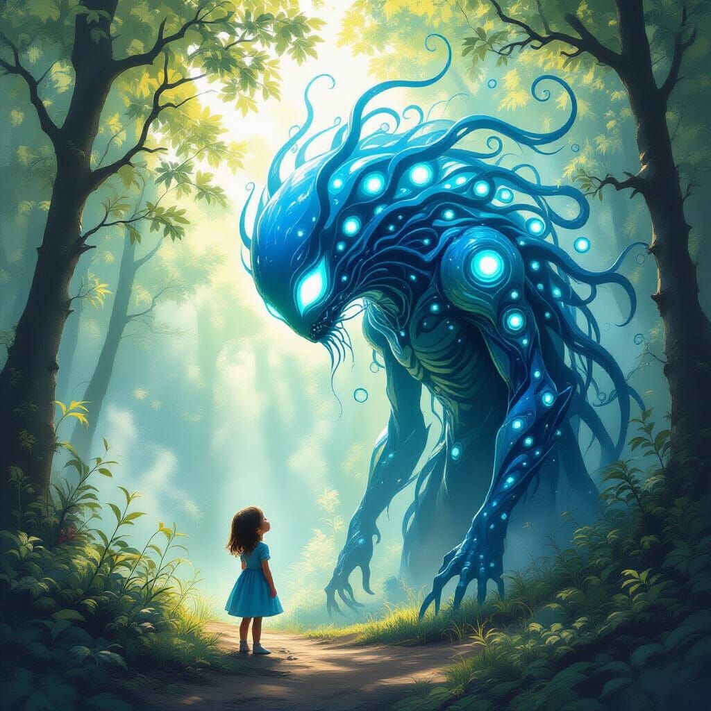 Giant Bioluminescent Being Meets Curious Girl in Surreal For...