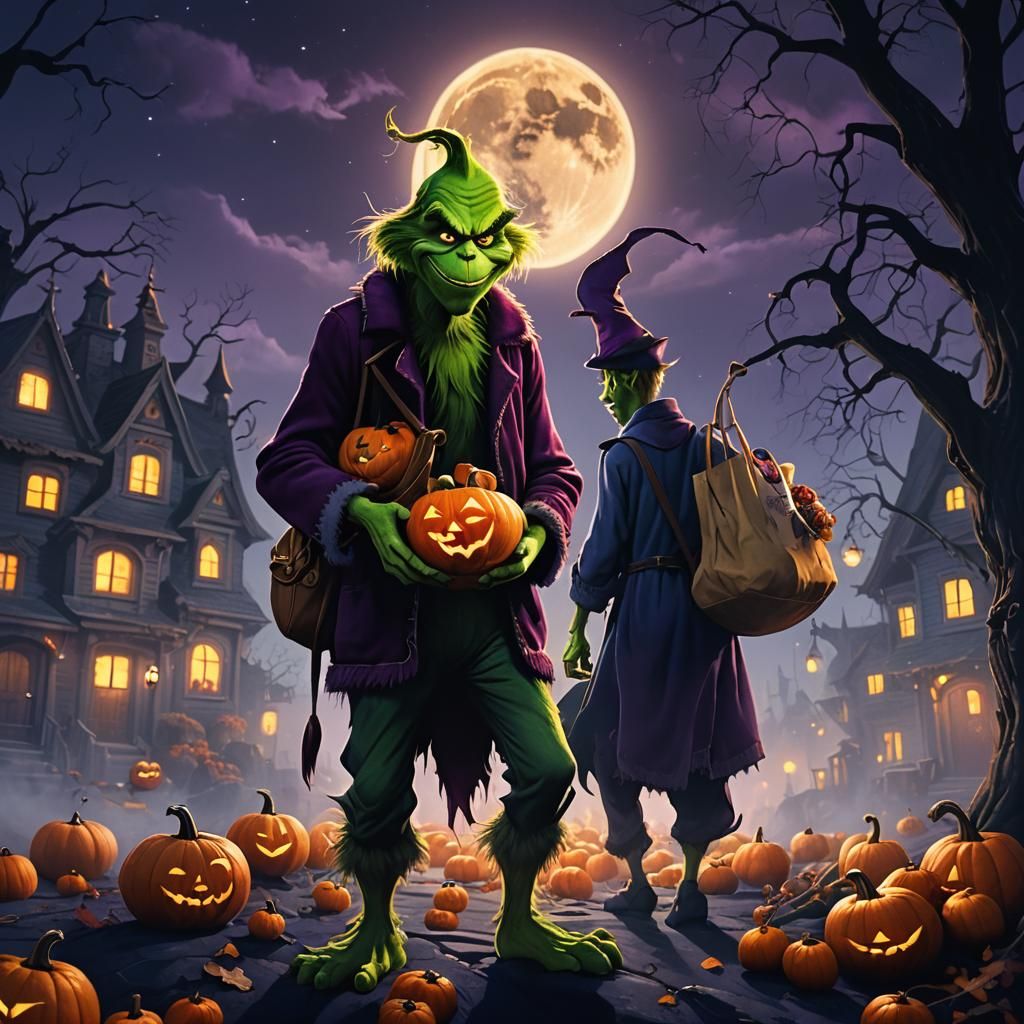 Grinch's Halloween Haul in Dark Whimsical Painting