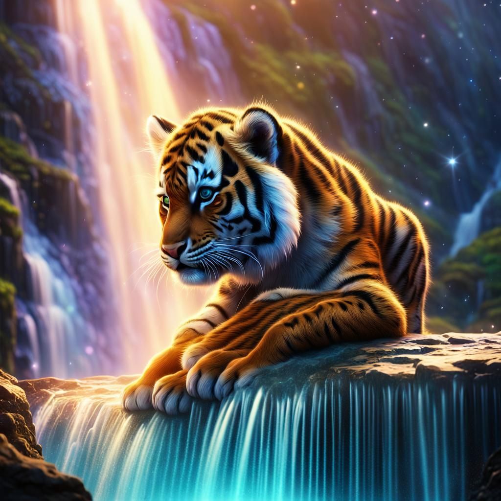 Ethereal Dream Tiger in Magical Waterfall Scene