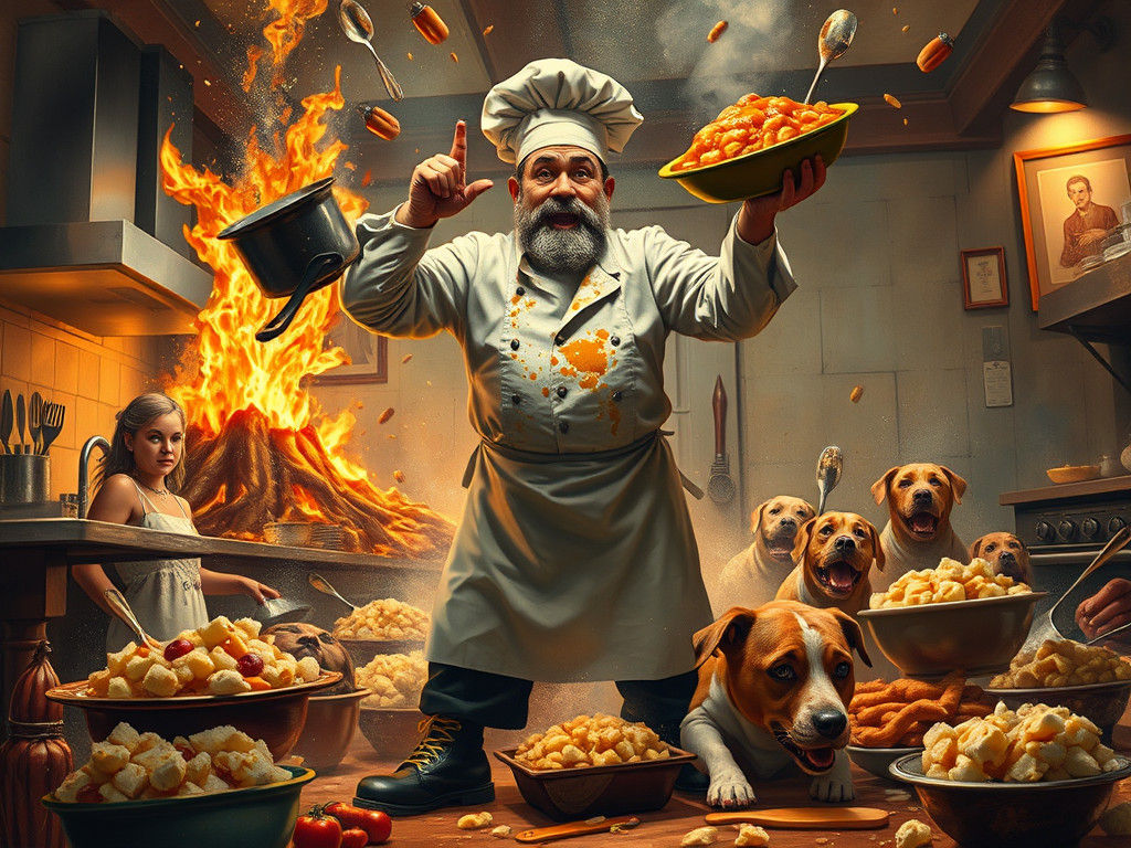 Chaotic Chef Juggling Flaming Pan in Kitchen