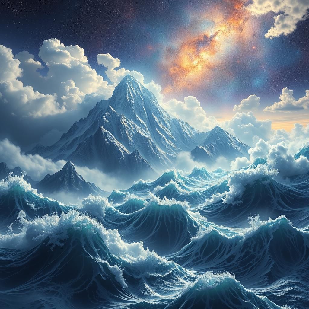 Surreal Mountains Meet Swelling Sea: Cosmic Illustration