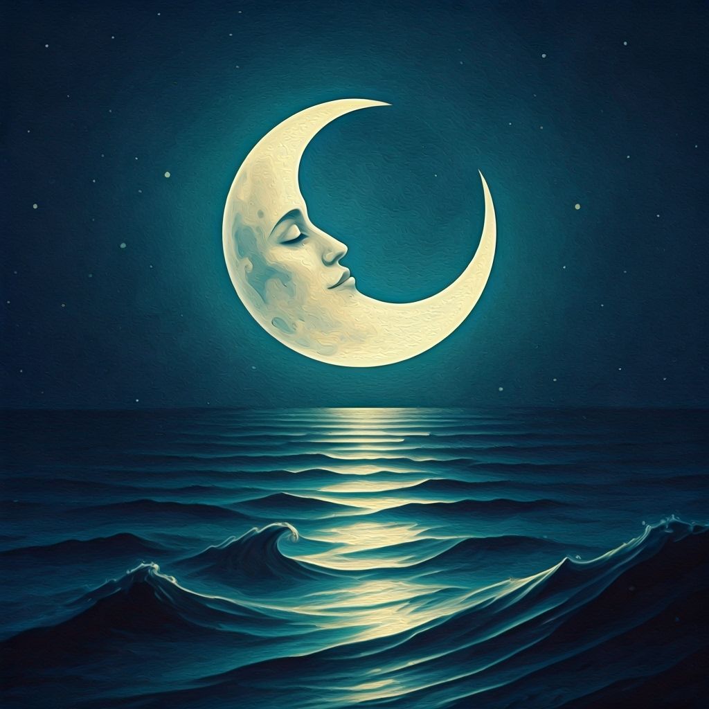 Woman-Faced Moon Kisses the Sea in Oil Painting