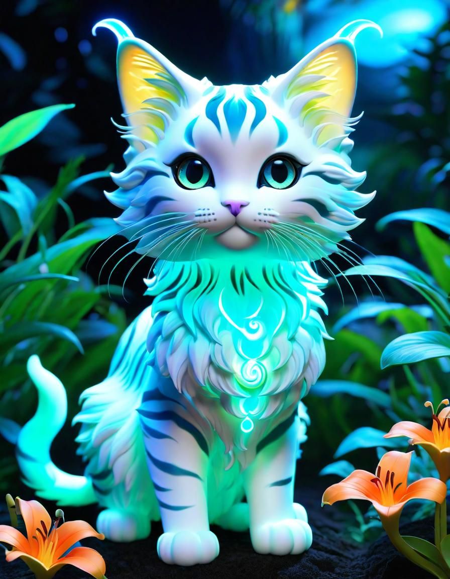 Bioluminescent Ghost Cat in Magical Garden